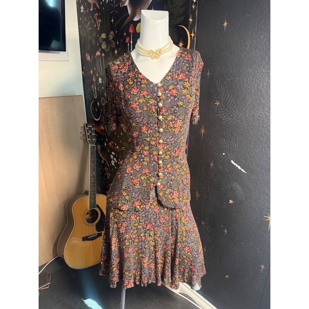 Vintage Caroline Wells Floral Rayon Drop Waist Midi Dress Button Front Size 12